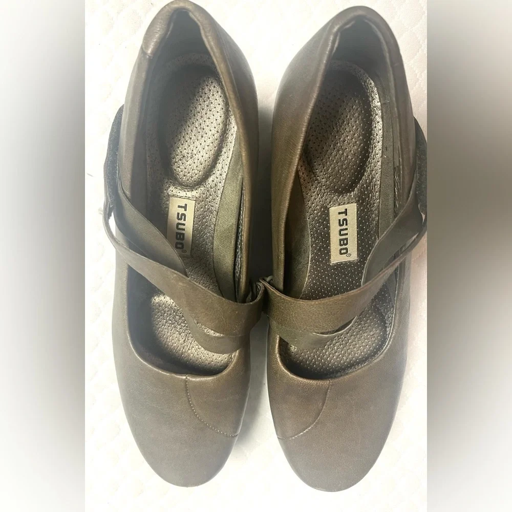 Tsubo Olive Green Art To Wear Leather Mary Jane Style Wedge Size 8